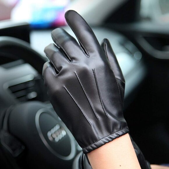 Men's  Black Long Keeper Leather Touchscreen Winter Driving Warm Wrist Gloves - Picture 6 of 7